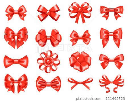 Red ribbons and bowknots. Holiday decorative wrapper elements, gift packing objects, celebration and congratulation, satin bows, valentine, birthday and wedding packaging, vector set 111499523