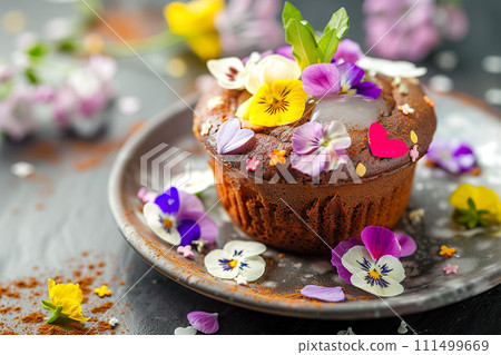 A delicious chocolate muffin with edible flowers on a ceramic plate. Generative AI. A delicious chocolate muffin with edible flowers on a ceramic plate. Generative AI. 111499669