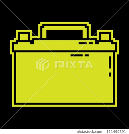 Car battery Pixel silhouette icon with electric charge sign. Maintaining battery power. Maintenance in car repair shop. Simple black and yellow vector isolated 111499891