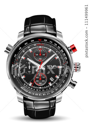 Realistic watch clock chronograph silver black face dashboard leather strap white red number on isolated design classic luxury vector Realistic watch clock chronograph silver black face dashboard leather strap white red number on isolated design classic luxury vector 111499961