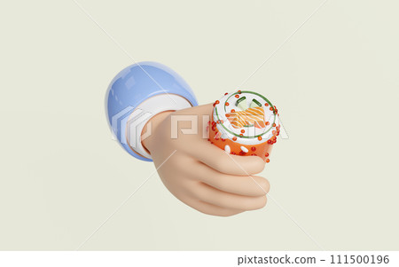 3d hand hold uramaki sushi. japanese food isolated concept, 3d render illustration 111500196