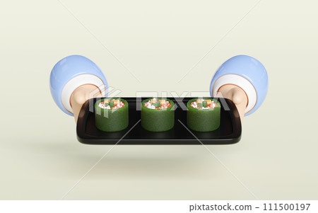 3d hand hold salmon onigiri sushi on food tray, japanese food isolated concept, 3d render illustration 111500197
