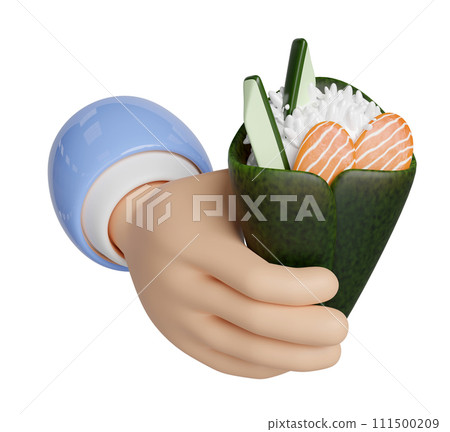 3d hand hold temaki sushi with rice, salmon, cucumber, seaweed, japanese food isolated concept, 3d render illustration 111500209