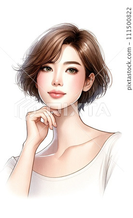 美麗的女人，短髮面向你，白色背景 [AI 生成圖像] 111500822