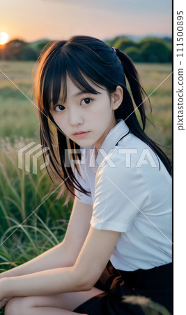 Young woman looking back at the green field at sunset Young woman looking back at the green field at sunset 111500895