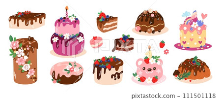 Birthday cakes. Cute tasty desserts. Cream decorations. Sponge layers. Chocolate topping. Celebration pastries. Holiday pies. Tasty cupcakes. Delicious confectionery. Garish vector set 111501118