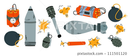 Cartoon bombs. Deadly weapons of mass destruction. Rockets and grenades. TNT detonator. Mines and dynamite timer. Military arsenal. Explosive detonation. Gunpowder burst. Garish vector set Cartoon bombs. Deadly weapons of mass destruction. Rockets and grenades. TNT detonator. Mines and dynamite timer. Military arsenal. Explosive detonation. Gunpowder burst. Garish vector set 111501120