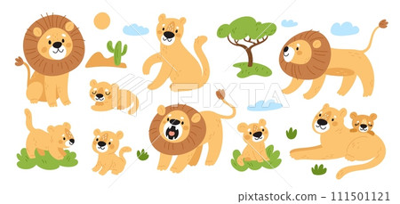 Cartoon cute lions. Funny wild animals pride. King of beasts. Lionesses with cubs. Predators of feline family. Jungle mammals. Savannah tree. Safari carnivore cats. Garish vector set Cartoon cute lions. Funny wild animals pride. King of beasts. Lionesses with cubs. Predators of feline family. Jungle mammals. Savannah tree. Safari carnivore cats. Garish vector set 111501121