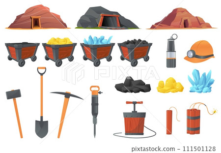 Cartoon mining tools and wooden carts. Natural resources. Explosives with detonator. Gold and coal in trolleys. Tunnel entrance. Underground mineral. Different miners stuff vector set 111501128