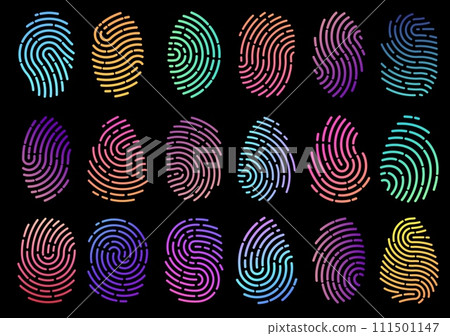 Gradient fingerprints. Colors digital identification. Biometric verification. Security scanning. Fingermark screening. ID authentication. Thumbprints scanner. Vector finger icons set Gradient fingerprints. Colors digital identification. Biometric verification. Security scanning. Fingermark screening. ID authentication. Thumbprints scanner. Vector finger icons set 111501147