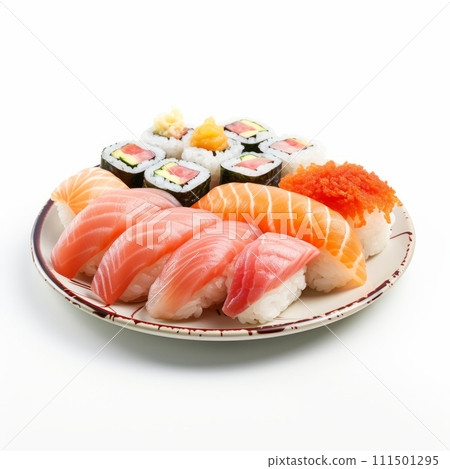 Japanese sushi. Tasty rolls and nigiri sushi served on plate 111501295
