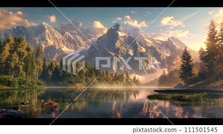 Morning light pierces through the mist, illuminating the towering mountains reflected in the still, clear waters of a serene lake. Generative AI 111501545