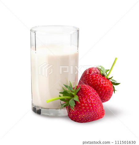A glass of milk and vibrant strawberries on a white background 111501630
