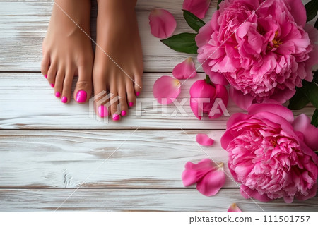 Womans feet with perfect pedicure and pink nails over white wooden background with peony flowers 111501757