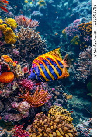 Royal Angelfish swimming on underwater colorful coral reef background deep in the ocean 111501788