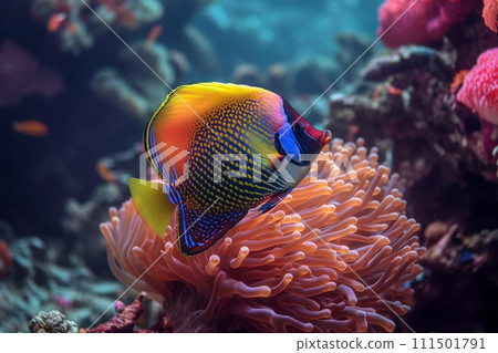 Tropical Butterflyfish swimming on underwater colorful coral reef background deep in the ocean 111501791