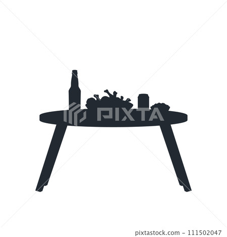 Isolated table silhouette. Black drawing of beer and snacks on desk. Outdoor lunch. Bar menu icon. Pub art template 111502047