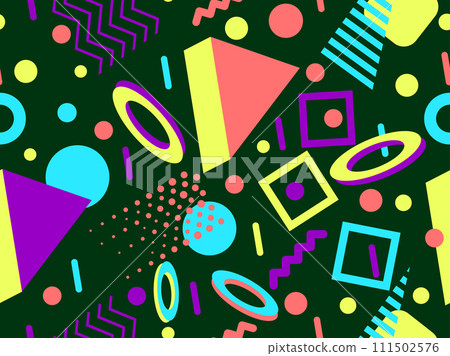 Memphis seamless pattern with 3d geometric shapes in 80s style. Colorful geometric pattern with isometric 3d shapes. Design of promotional products, wrapping paper and printing. Vector illustration Memphis seamless pattern with 3d geometric shapes in 80s style. Colorful geometric pattern with isometric 3d shapes. Design of promotional products, wrapping paper and printing. Vector illustration 111502576