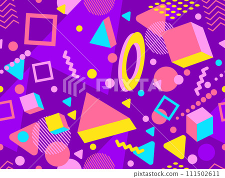 3D geometric seamless pattern in 80s style. 3d isometric triangles, zigzags and circles. Geometric memphis style. Design for promotional products, wrapping paper and printing. Vector illustration 3D geometric seamless pattern in 80s style. 3d isometric triangles, zigzags and circles. Geometric memphis style. Design for promotional products, wrapping paper and printing. Vector illustration 111502611