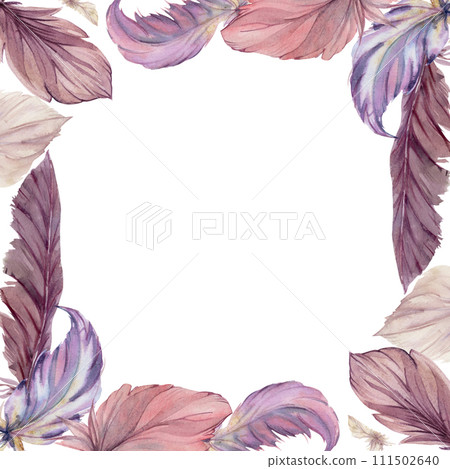 Hand drawn watercolor bird feather plume quill boho tribal ethnic indian purple. Square frame isolated on white background. Design for charm, amulet, dreamcatcher, scrapbooking, handmade craft, tattoo 111502640