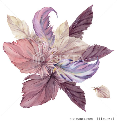 Hand drawn watercolor bird feather plume quill boho tribal ethnic indian mauve. Composition isolated on white background. Design for charm, amulet, dreamcatcher, scrapbooking, handmade craft, tattoo 111502641