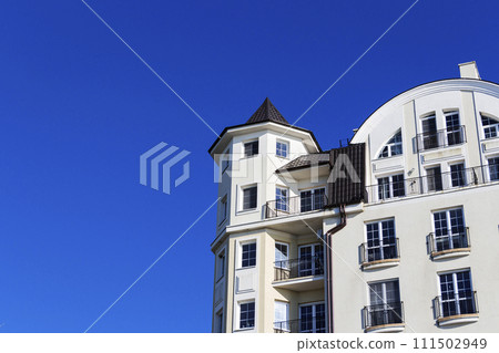 Low angle architectural detail view eclectic baroque style building. Low angle architectural detail view eclectic baroque style building. 111502949