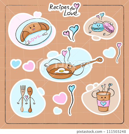 Cute characters stickers set of croissant, macaron, frying pan, coffee cup and more for Valentine's day. Best for postcard, stickers and more designs. Vector flat style illustration. 111503248