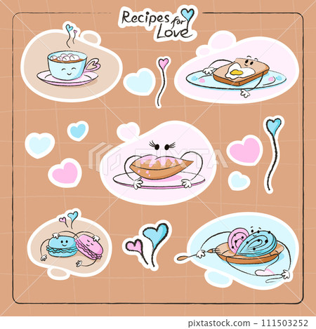 Cute characters stickers set of bread, macaron, donuts, spaghetti, coffee cup for Valentine's day. Best for postcard, stickers and more designs. Vector flat style illustration. 111503252