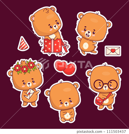 Cute bears sticker set. Teddy in gift box, joyful and smart bear cub in glasses and girl in flower wreath. Isolated funny animals kawaii character. Vector illustration. Kids collection. 111503437