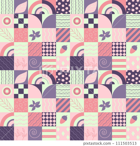Seamless pattern with geometric forms and doodles leaf, acorn, flower of pink-violet color. Vector illustration in flat style. Seamless pattern with geometric forms and doodles leaf, acorn, flower of pink-violet color. Vector illustration in flat style. 111503513