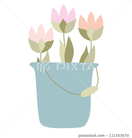 Spring Tulips in Bucket. Floral Bouquet of fresh Blossomed Flowers in Pot. Pretty posies with lush petals. Flat Vector illustration Isolated on white for Greeting Card, Holiday Poster, Banner, Decor. 111503670