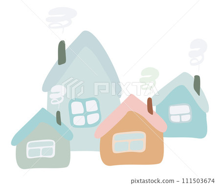 Set of Cute cartoon houses isolated on White. Vector Flat illustration. Little pastel colors homes with window and Smoke in Chimney. Design Art Element for Book, Card, Spring Poster, Logo, Insurance. 111503674