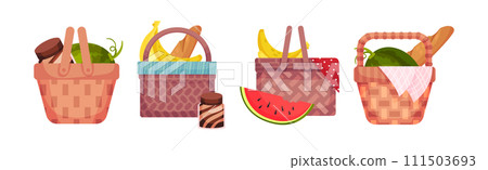 Picnic Hamper and Wicker Basket with Lunch Food Vector Set 111503693
