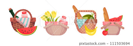 Picnic Hamper and Wicker Basket with Lunch Food Vector Set 111503694