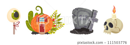 Halloween with Eye Candy, Pumpkin House, Tomb and Skull Vector Set 111503776