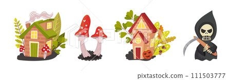 Halloween with Mushroom, House and Death with Scythe Vector Set Halloween with Mushroom, House and Death with Scythe Vector Set 111503777