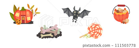 Halloween with Pumpkin, Bat, Candy and Bone Vector Set 111503778