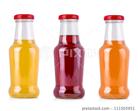 Set of colored juice bottles isolated on white background with clipping path. Healthy lifestyle Set of colored juice bottles isolated on white background with clipping path. Healthy lifestyle 111503951