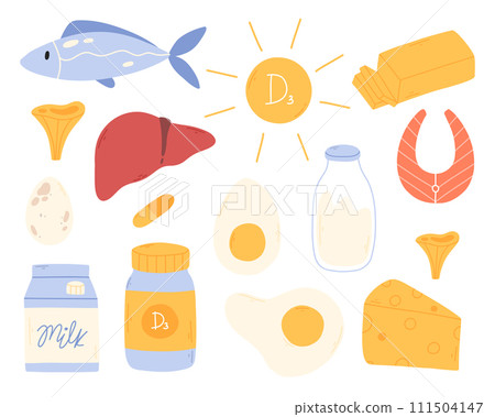 Set of products containing vitamin D. Foods high in vitamin D. Hand drawn collection of vitamin D. Vector illustration. Set of products containing vitamin D. Foods high in vitamin D. Hand drawn collection of vitamin D. Vector illustration. 111504147