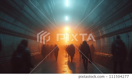 walking crowd through a tunnel with illumination 111504277