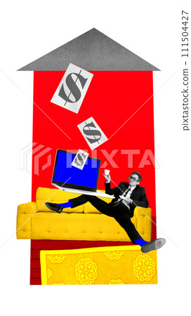 Young businessman sitting on couch, drinking coffee and working remotely on laptop with dollar signs. Online earnings. Contemporary art collage. 111504427