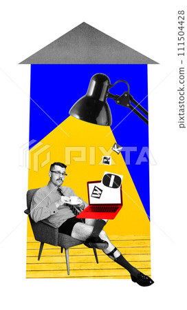 Businessman sitting in chair at home, drinking coffee and working remotely on laptop. Internet assistance in professional sphere. Contemporary art collage. 111504428