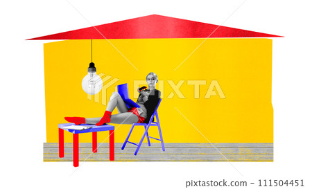 Young woman, freelancer sitting on formal wear and home wear at home, working on laptop and recoding voice message on phone. Contemporary art collage. 111504451