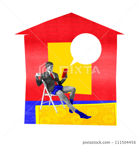 Young man, freelancer sitting in jacket on top and home wear, holding coffee cup and tablet, working online remotely from home. Contemporary art collage. 111504458