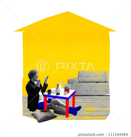 Young guy, freelancer sitting on floor on pillow at home and having online video call with team, colleagues. Contemporary art collage. 111504469
