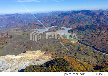 Aerial view of a huge pond, heavy metal copper contamination discharging in lake 111504512