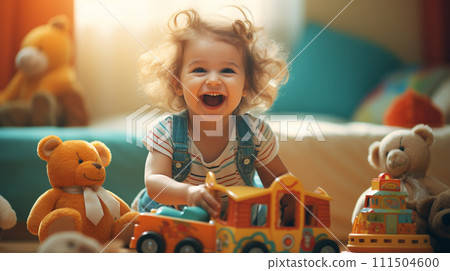 Happy kid playing toys in bedroom. Happy kid playing toys in bedroom. 111504600