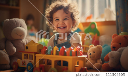 Happy kid playing toys in bedroom. 111504605