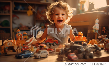 Happy kid playing toys in bedroom. 111504606