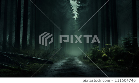 dark forest background with copyspace. Halloween concept. AI 111504746